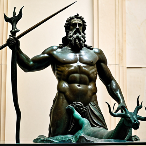 **Prompt:** "Epic bronze statue of Poseidon rising from the sea, National Archaeological Museum, Athens, Greece."